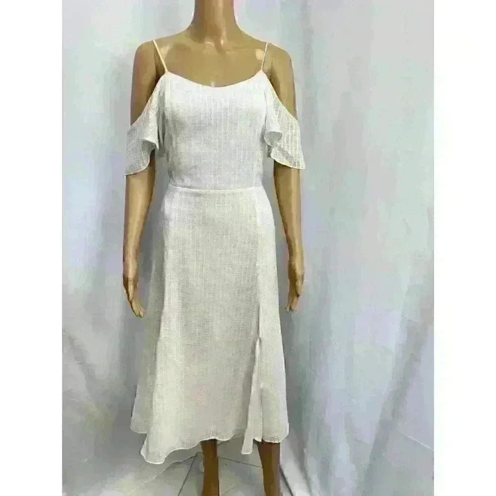 Halston Women's Cold Shoulder Midi A-Line Dress Ivory Sz. 8 100%‎ Cotton 163258